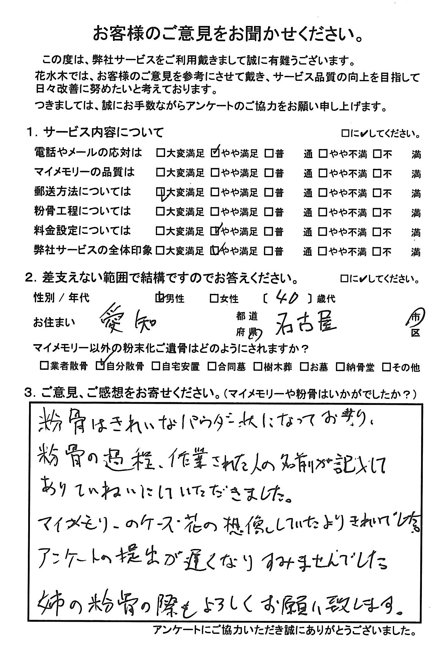 粉骨の過程・作業された人の名前が記入