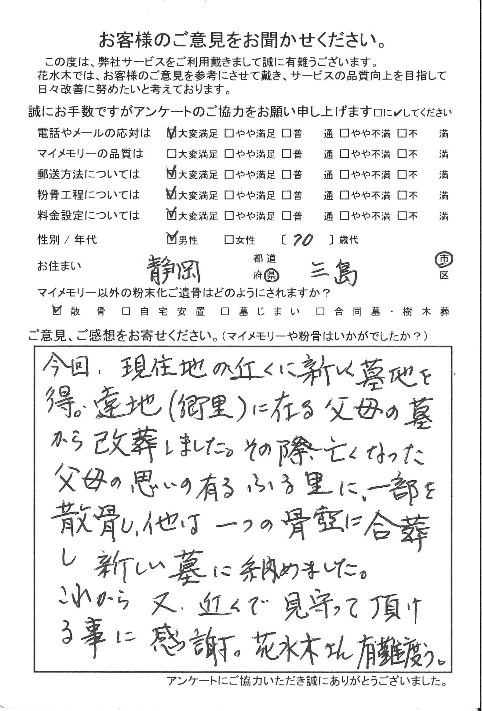 父母の思いの有るふる里に一部を散骨し他は一つの骨壺に合葬し新しい墓に納めました。